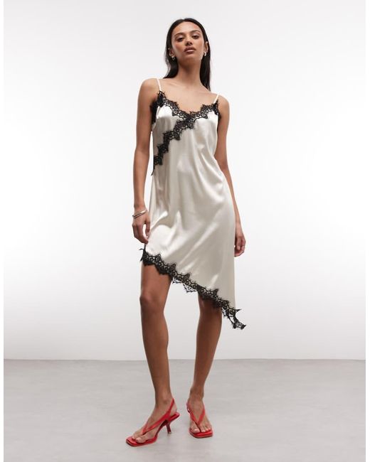 Noisy May Natural Satin Asym Lace Hem Midi Slip Dress