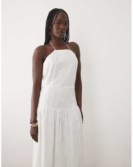 Mango White 100% Cotton Halterneck Embroidered Maxi Dress