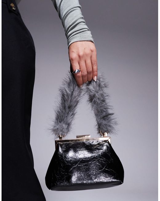 ASOS Gray Textu Frame Mini Clutch Bag With Faux Fur Top Handle
