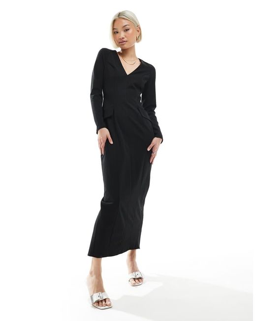 ASOS Black Long Sleeve Seam Detail V-neck Midi Dress