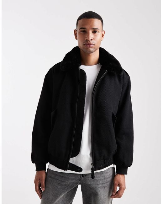 ASOS Black Wool Look Bomber Jacket With Faux Fur Collar for men