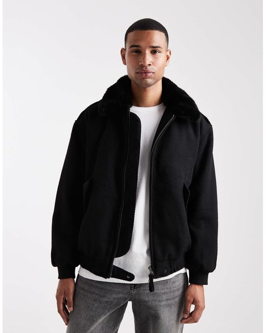 Bomber aspect laine avec col en fausse fourrure ASOS pour homme en coloris Black