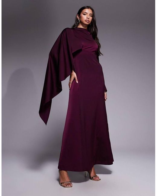 ASOS Purple Asymmetric Cape Detail Long Sleeve Maxi Dress