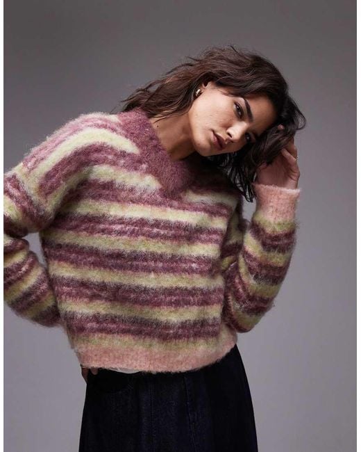 TOPSHOP Gray Knitted Ultra Fluffy High V Stripe Jumper