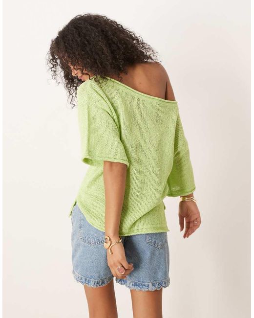 ASOS Green Loose Knit Off Shoulder Short Sleeve Jumper