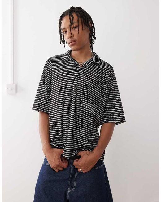 Reclaimed Vintage Gray Textured Jersey Striped Short Sleeve Resort Polo Top for men