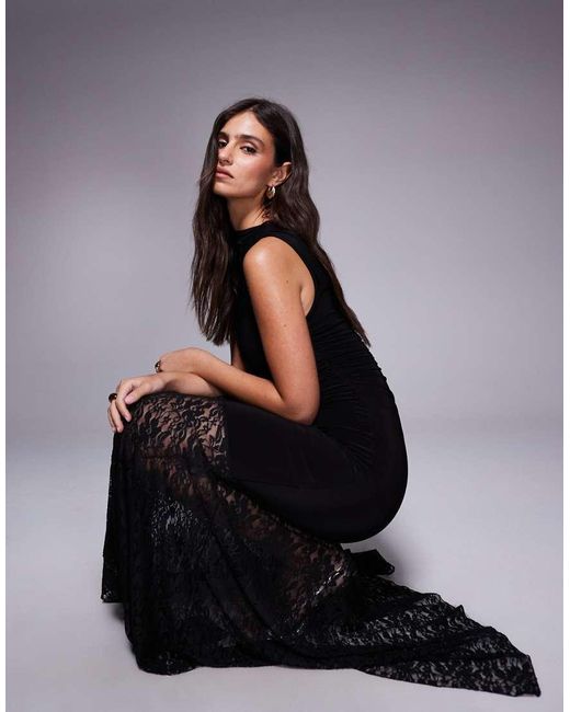 Kaiia Blue Exclusive Slinky Scarf Detail One Shoulder Asymmetric Lace Hem Maxi Dress
