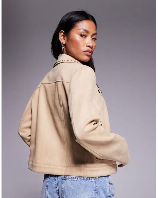 Princess Polly Blue Hurleigh Faux Suede Stud Trim Collared Jacket