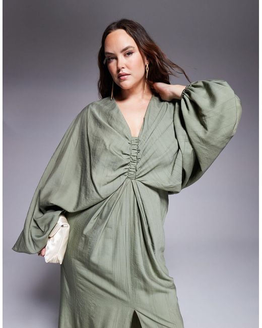 ASOS Gray Asos Design Curve Plunge Elasticated Maxi Dress With Blouson Sleeve