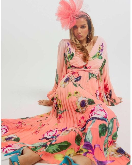 River Island Pink Premium Plisse Floral Midi Dress
