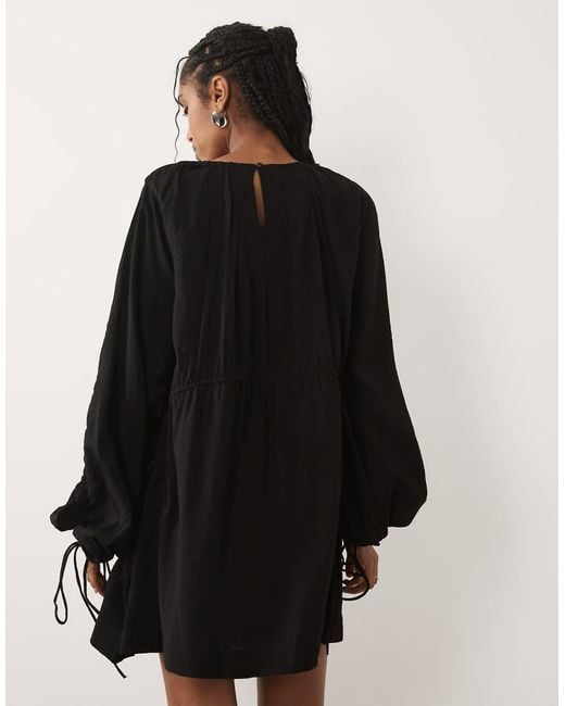 ASOS Black Crew Neck Mini Dress With Ruched Waist Channel And Blouson Sleeves