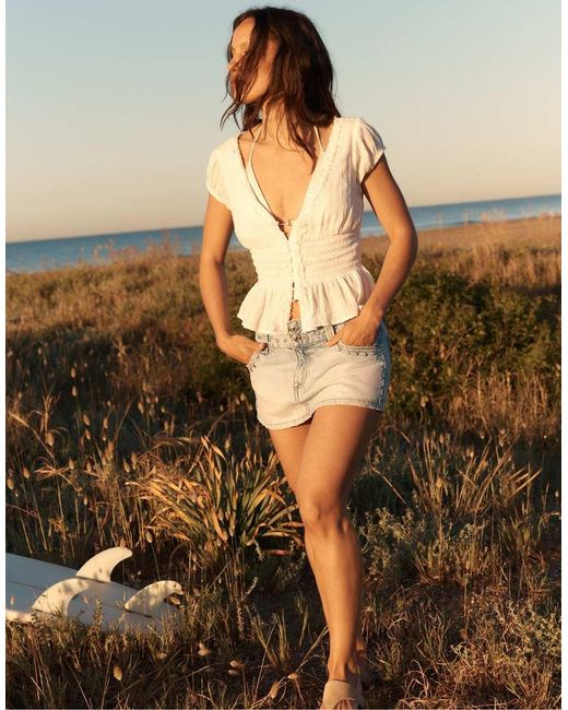 Stradivarius Natural Low-waist Denim Skort With Detailing