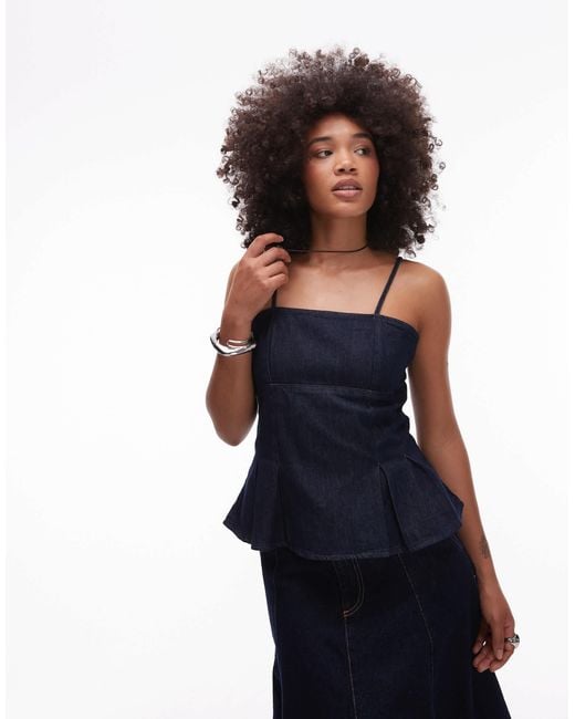 TOPSHOP Blue Denim Strap Peplum Top