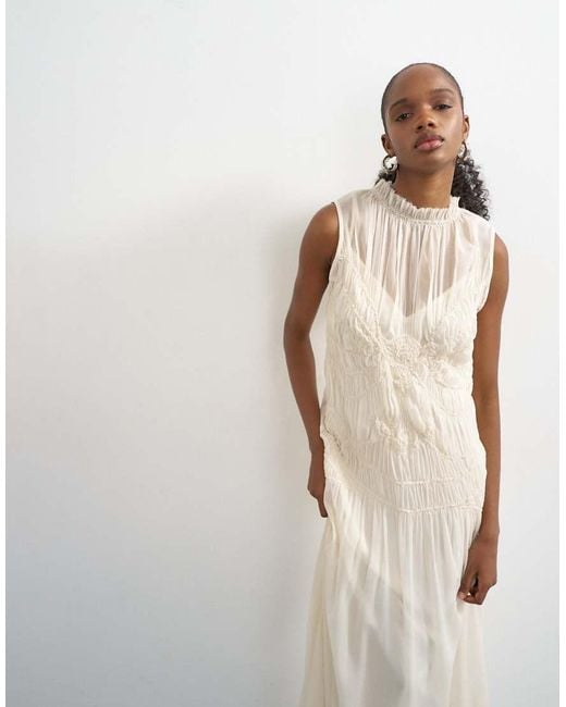 TOPSHOP Blue Chiffon Sleeveless Maxi Dress With Ruched Artwork