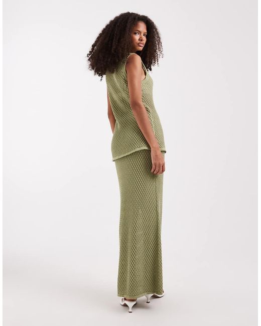 Pretty Lavish Green Pointelle Longline Maxi Skirt Co-Ord With Floral Broach