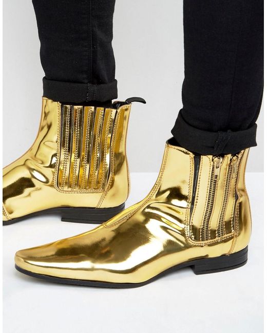 ASOS Metallic Chelsea Boots In Gold With Double Zip for men