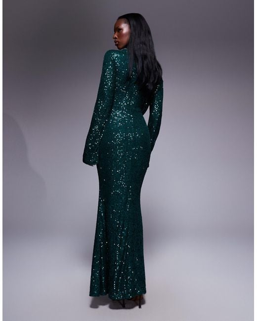 ASOS Blue All Over Sequin Long Sleeve Wrap Front Detail Maxi Dress