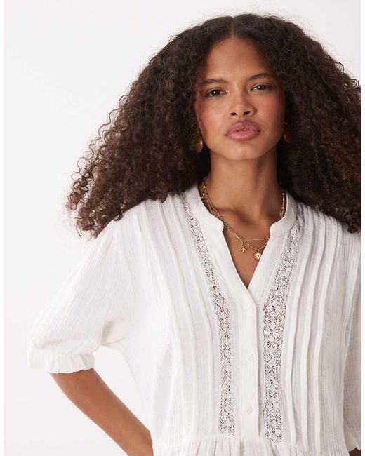Jdy White Cheesecloth Drop Hem Mini Dress With Lace Detail