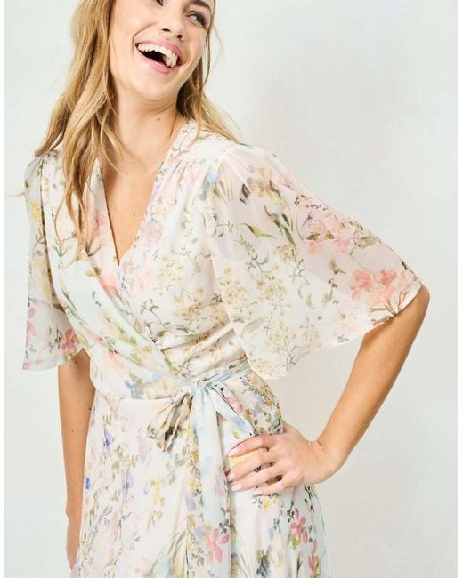 Hope & Ivy Natural The Haven Flutter Sleeve Maxi Wrap Dress With Tie Waist