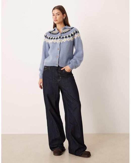 Aware Blue Chunky Wool Mix Fairisle Knitted Polo Neck Cardigan