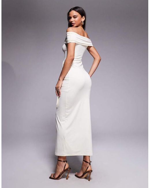 The Frolic White Exclusive Slinky Bardot Drape Detail Maxi Dress