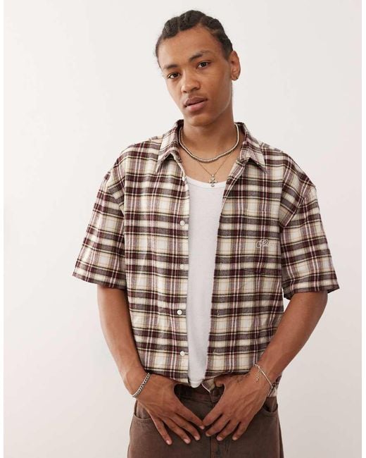 Prohibited Brown Flannel Check Short Sleeve Shirt for men