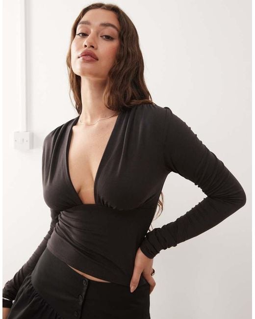 Weekday Black Plunge Long Sleeve Top