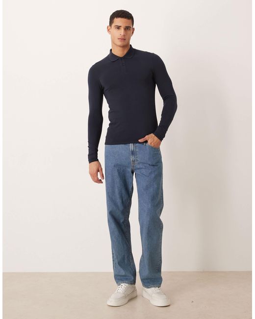 ASOS Blue Essentials Muscle Fit Long Sleeve Polo Shirt for men