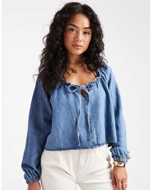 ASOS Blue Denim Balloon Sleeve Blouse With Linen
