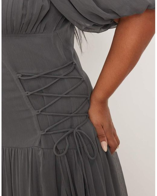 ASOS Gray Asos Design Curve Puff Sleeve Chiffon Maxi Dress
