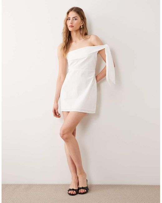 SNDY'S White Linen Blend Strapless Foldover Tie Shoulder Mini Dress