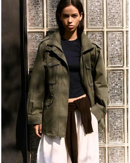 Bershka Green Parka Jacket With Pockets And Funnel Neck
