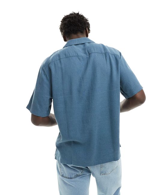 Abercrombie & Fitch Blue Short Sleeve Revere Collar Linen Blend Shirt Relaxed Fit for men