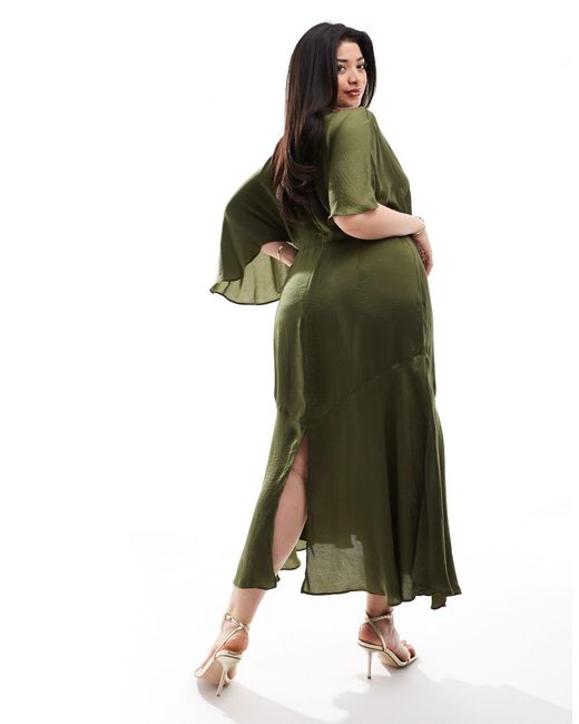ASOS Green Asos Design Curve Satin Flutter Sleeve Asymmetric Hem Midi Dress
