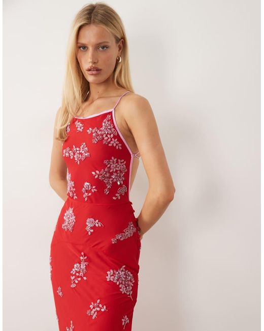 ASOS Red Ditsy Embellished Bias Semi Sheer Chiffon Maxi Dress With Open Back