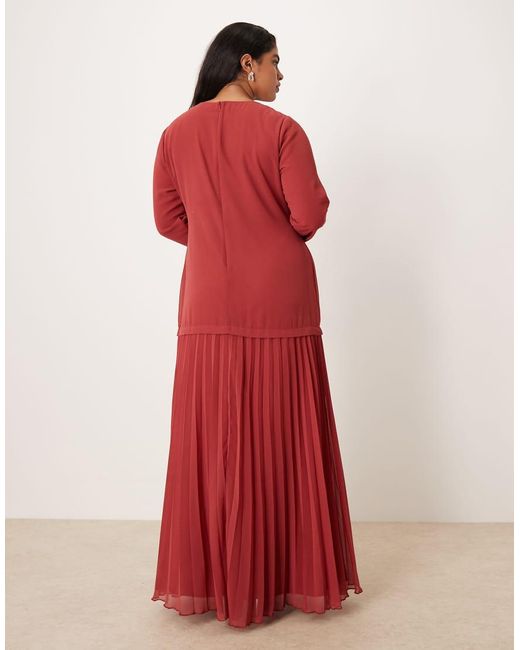 ASOS Red Asos Design Curve Long Sleeved Pleated Skirt Maxi Dress