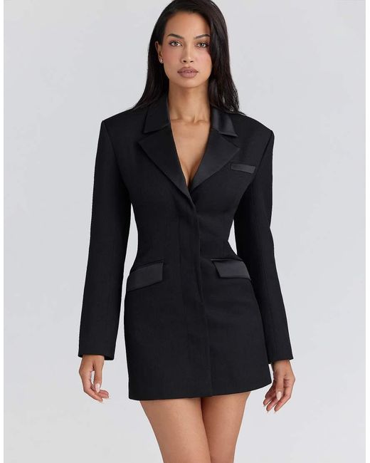 House Of Cb Black Ellis Satin Trimmed Hourglass Blazer Dress
