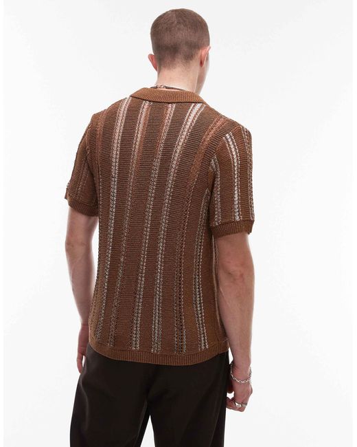 Topman Brown Knitted Viscose Button Through Polo With Metallic Stripe for men