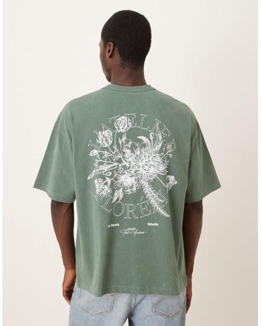 ASOS Green Heavyweight Oversized T-shirt With Floral Graphic for men