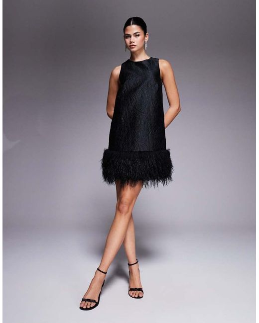 New Look Blue Faux Feather Trim Jacquard Mini Dress
