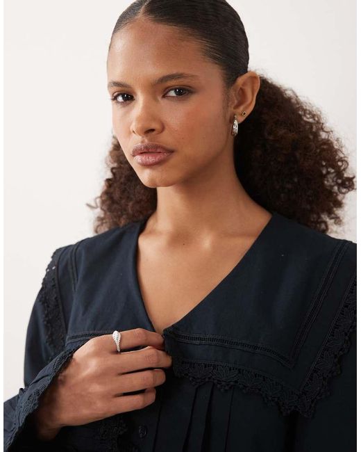 Barbour Blue Tisbury Long Sleeve Lace Trim Collared Broderie Mini Dress