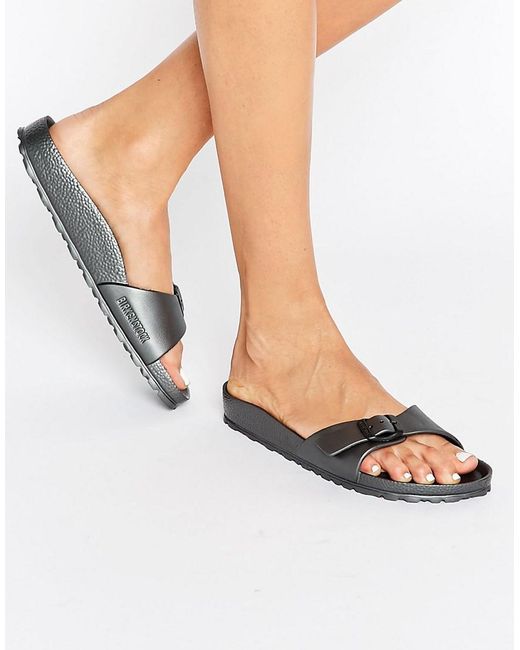 Birkenstock Madrid Metallic Narrow Fit Slide Flat Sandals - Metallic  Anthracite in Black | Lyst