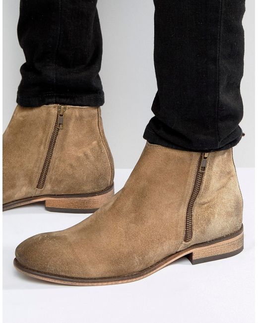 ASOS Brown Chelsea Boots In Stone Suede With Double Zip for men
