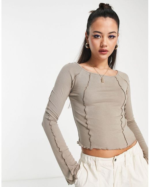 Bershka Seam Detail Wide Neck Crop Top in Gray Lyst