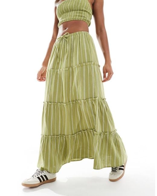 Wednesday's Girl Green Striped Tiered Maxi Skirt Co-Ord