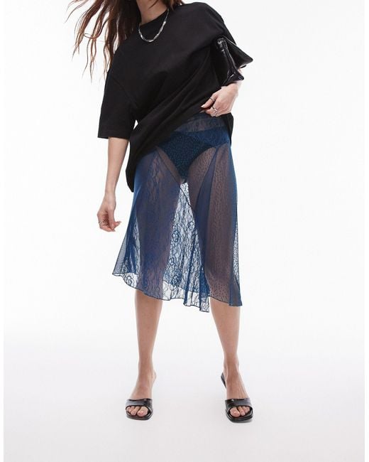 TOPSHOP Blue Sheer Dobby Mesh Panelled 90s Length Skirt