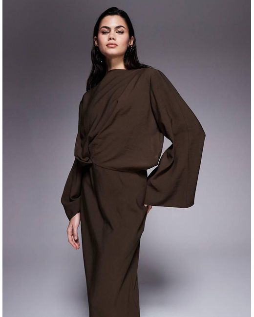 ASOS Brown Long Sleeve Tucked Waist Bias Maxi Dress