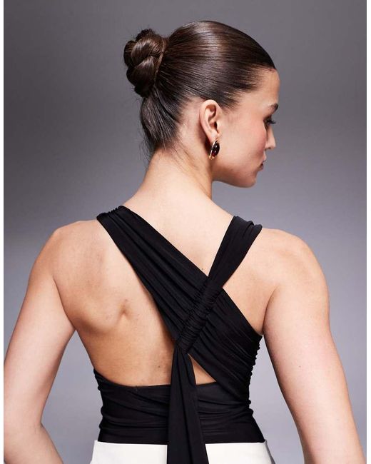 Kaiia Black Exclusive Double Layered Slinky Racerneck Gathered Back Drape Detail Body