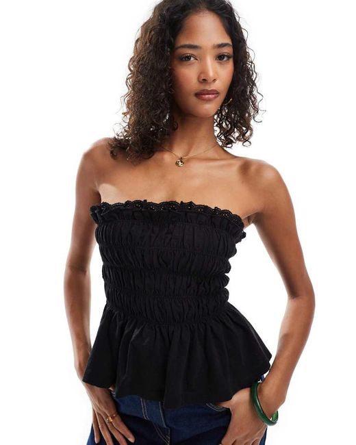 ASOS Black Shirred Bandeau Top With Broderie Trim