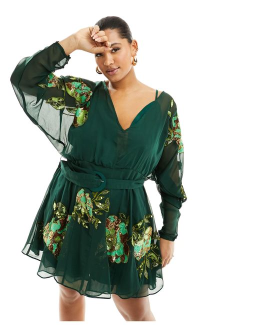 Asos design curve - vestito corto verde a fiori con cintura e gonna godet di ASOS in Green